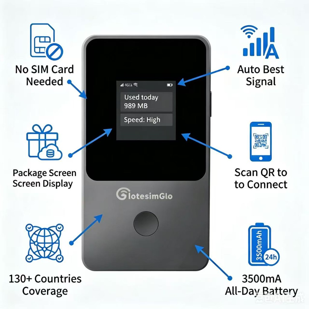 IotesimGlo T8 key features — 130+ countries, 12hr battery, multi-device