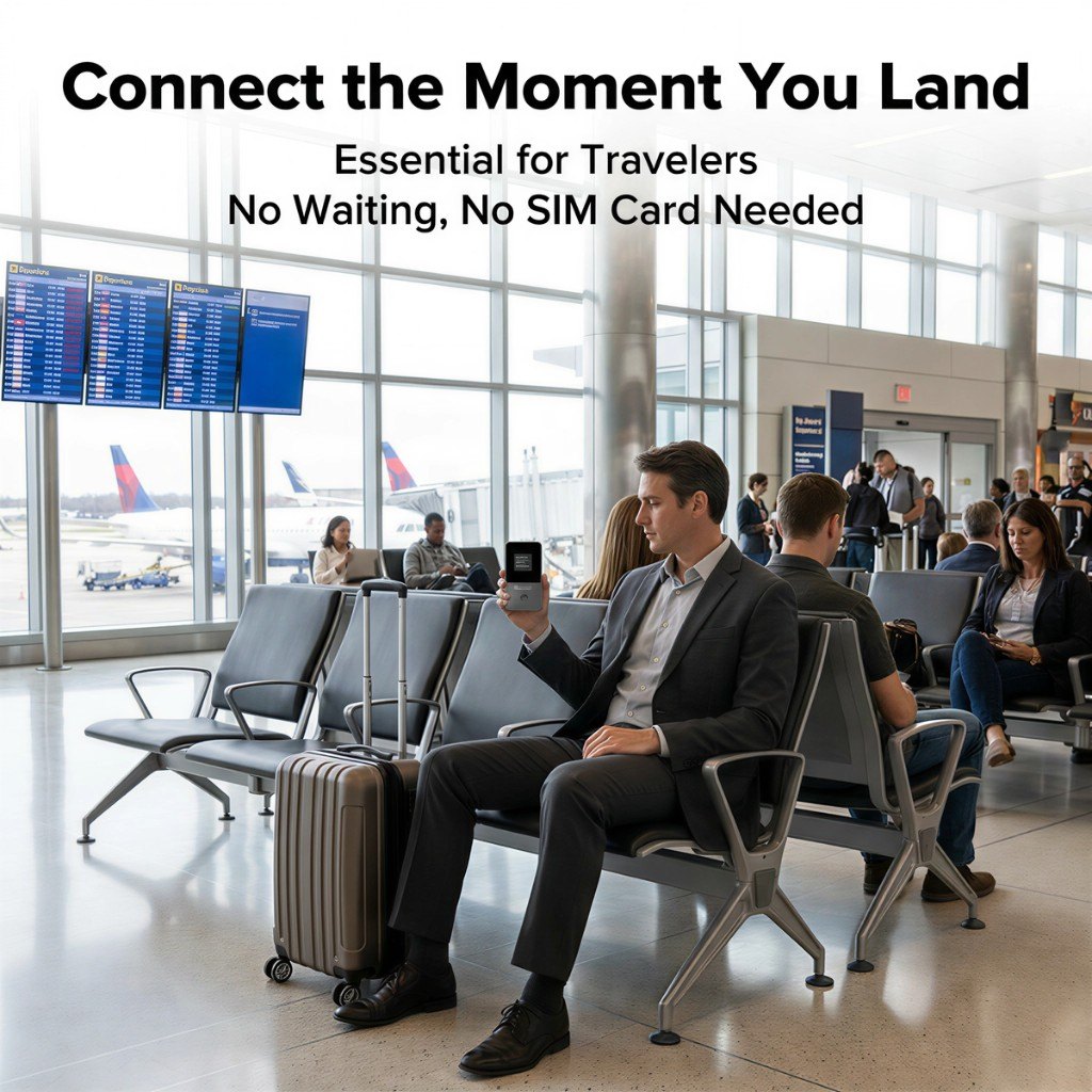 Traveler using IotesimGlo T8 at the airport