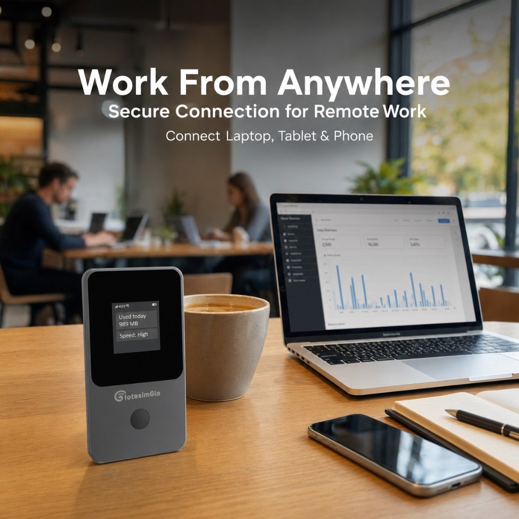 Remote work with IotesimGlo T8 at a café