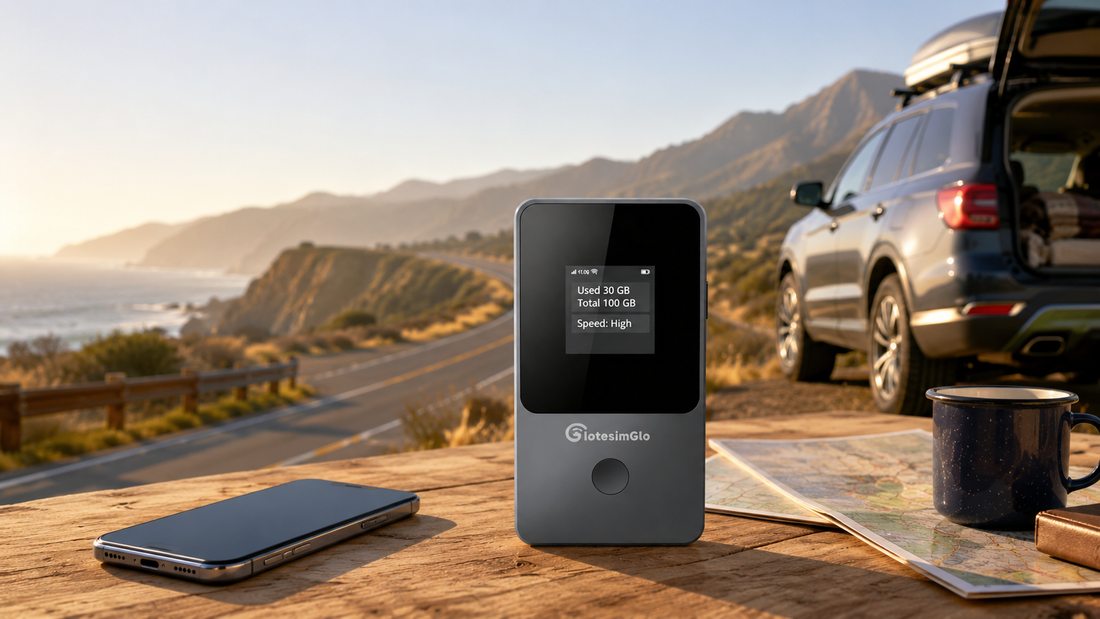 IotesimGlo T8 portable WiFi hotspot on a road trip in the USA — no SIM, no app, no contract