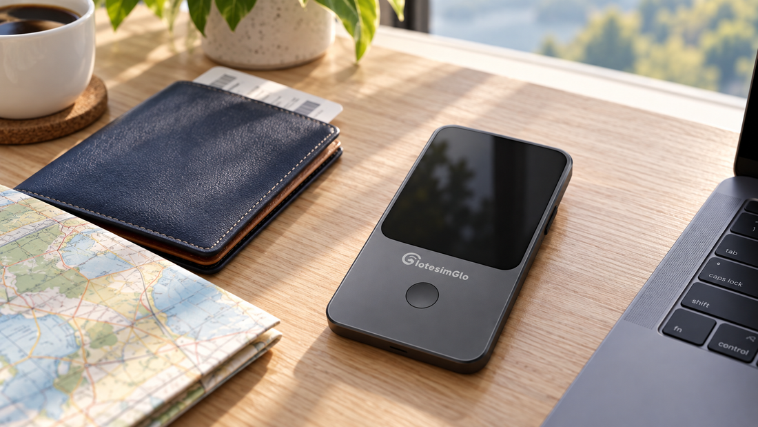 T8 portable WiFi hotspot on a travel desk, ready to connect without inserting a physical SIM card