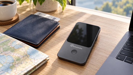 T8 portable WiFi hotspot on a travel desk, ready to connect without inserting a physical SIM card