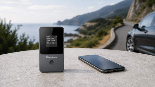 IotesimGlo T8 portable WiFi and phone on a coastal travel road trip