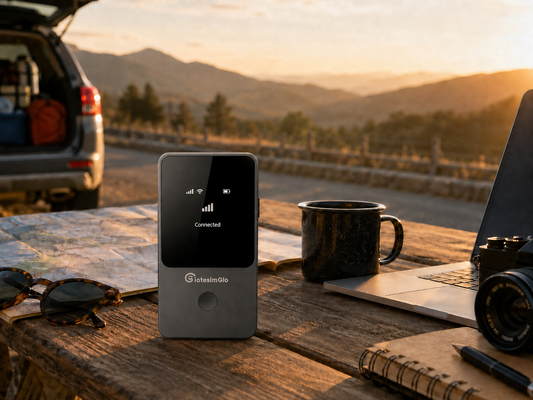 T8 portable WiFi connected during a road trip, for 50GB and 100GB annual plan comparison