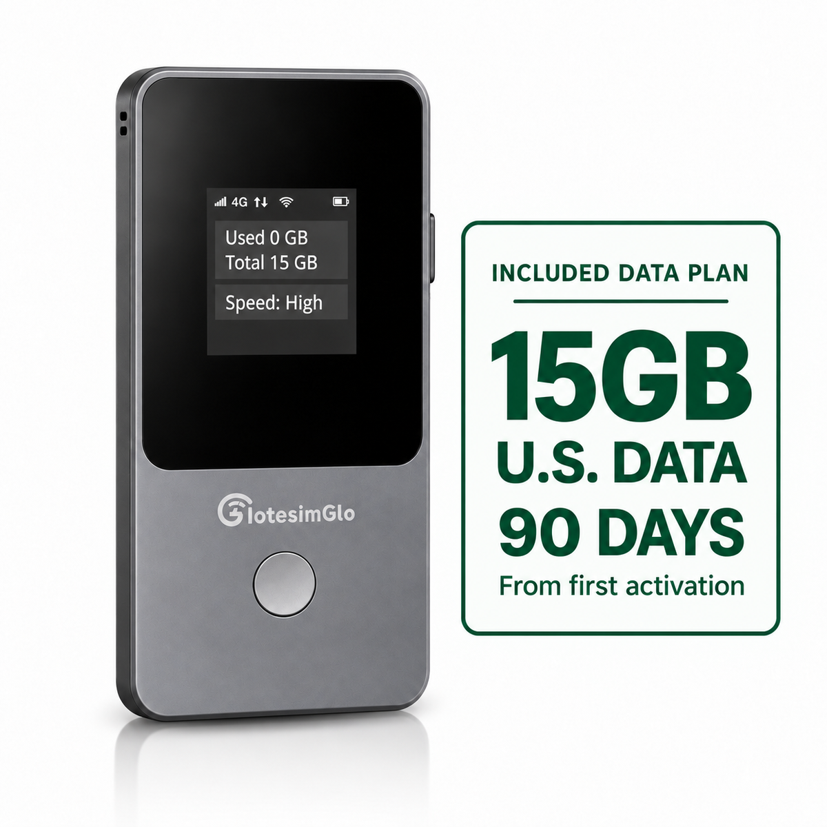 IotesimGlo T8 portable WiFi hotspot with 15GB of U.S. data for 90 days from first activation.