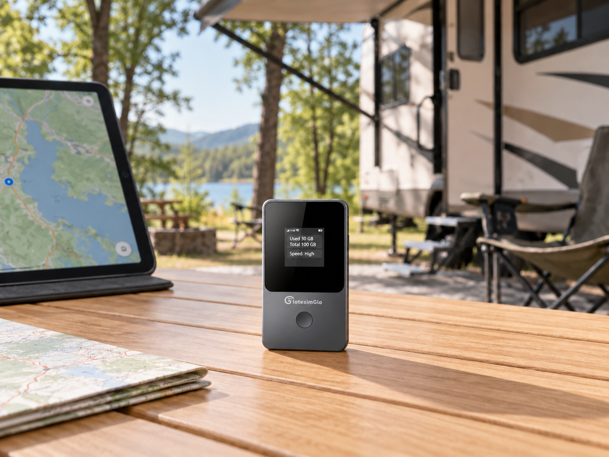 IotesimGlo T8 portable WiFi hotspot on a campsite table beside a tablet, with an RV in the background.