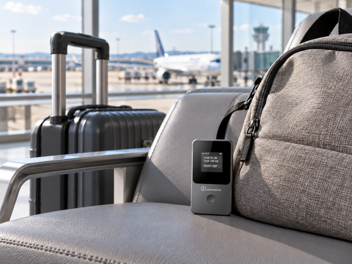 IotesimGlo T8 portable WiFi hotspot beside a backpack in an airport departure lounge.