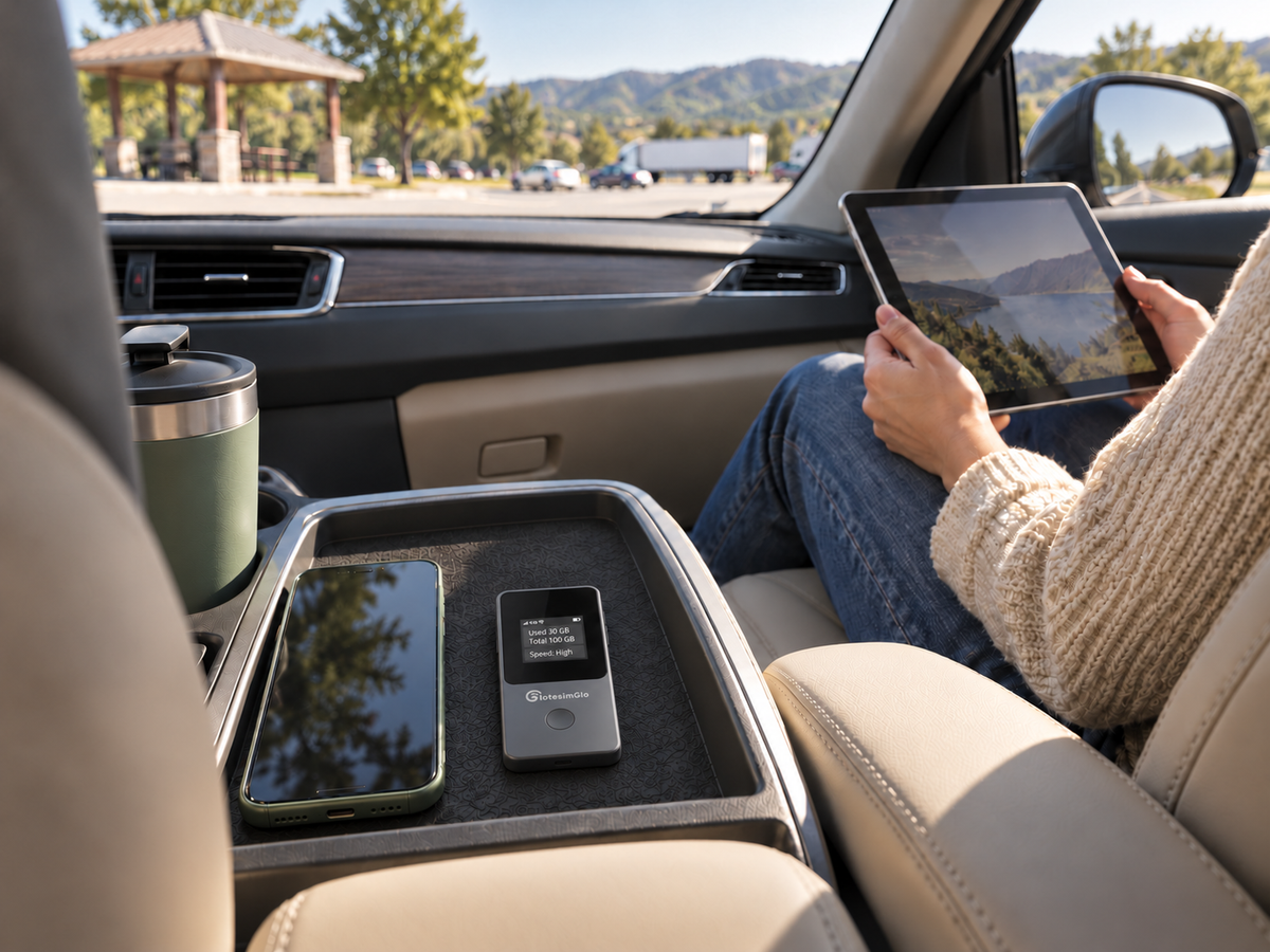 IotesimGlo T8 portable WiFi hotspot beside a phone in a parked car, with the dashboard visible and a passenger using a tablet.