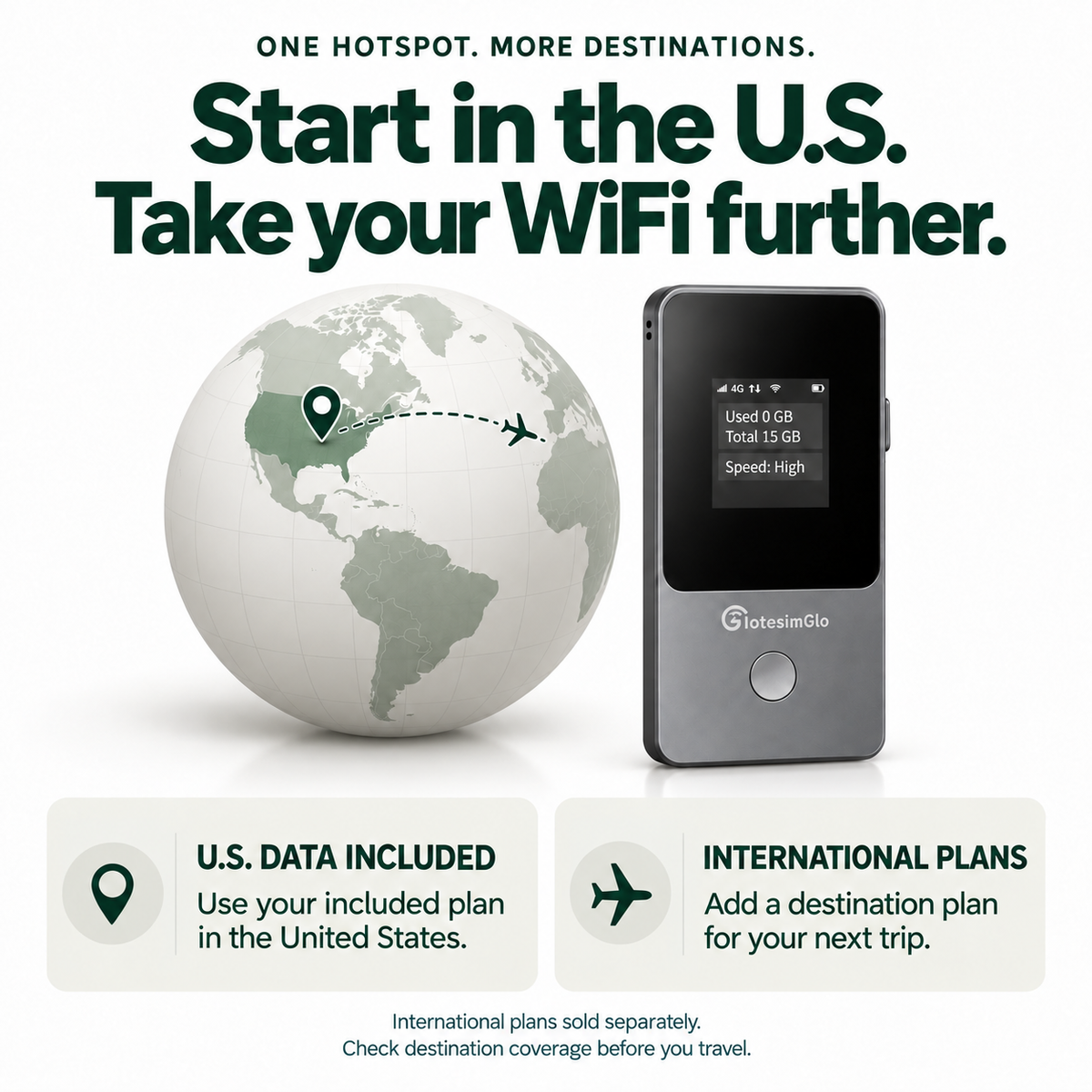 IotesimGlo Portable WiFi includes U.S. data; international destination plans are sold separately. Check coverage before travel.