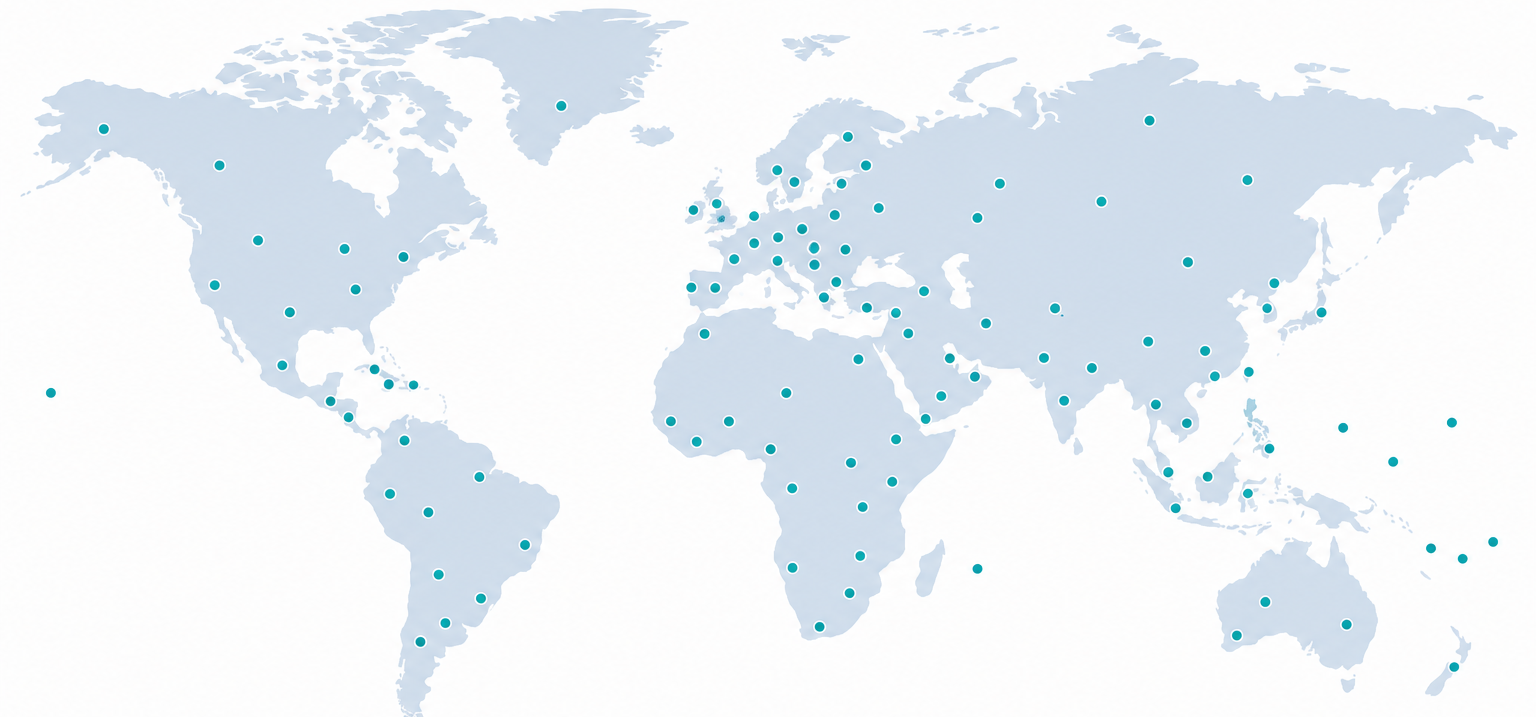 Global coverage map — T8 in 130+ countries